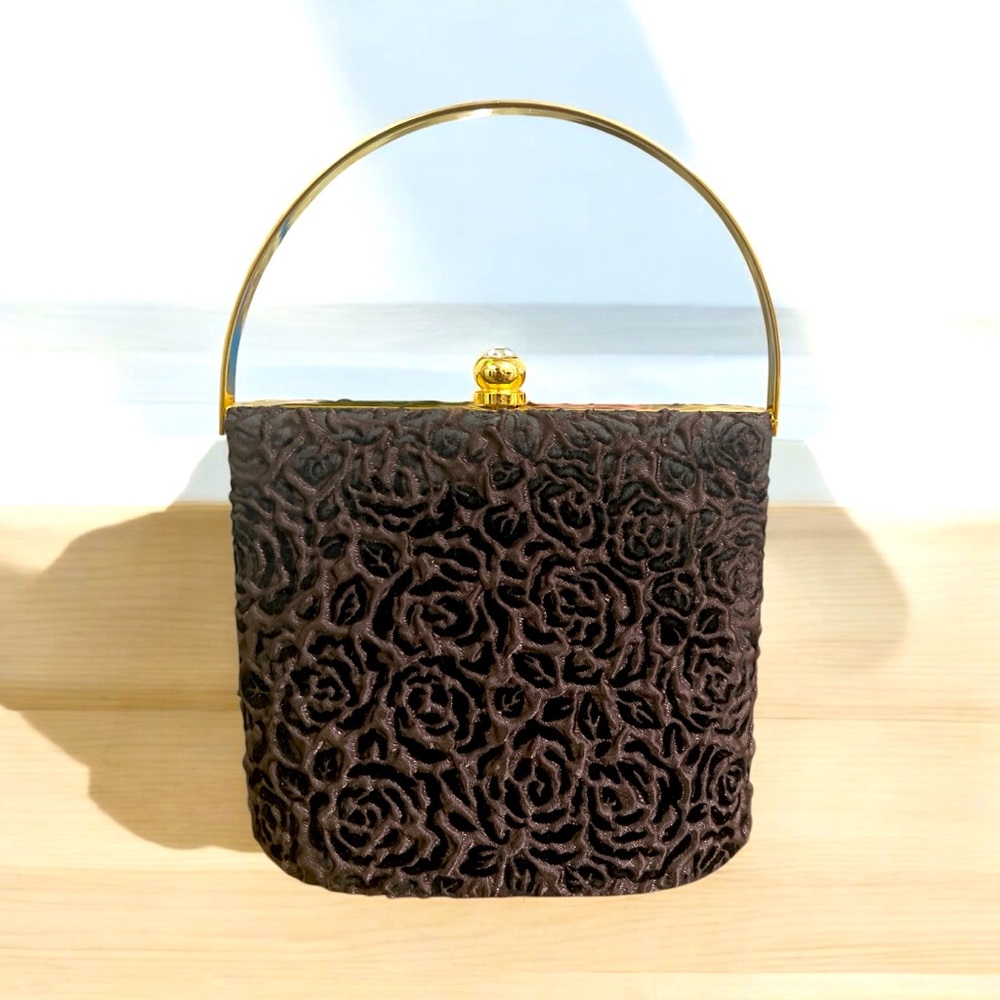 Elegant Brown Floral Handbag with Gold Handle